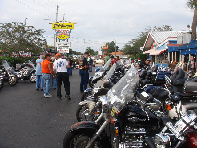 Motorcycles lined the parking lot.